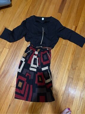 VENUS Black Top with Geometric Burgundy, Cream, Tan Skirt Dress